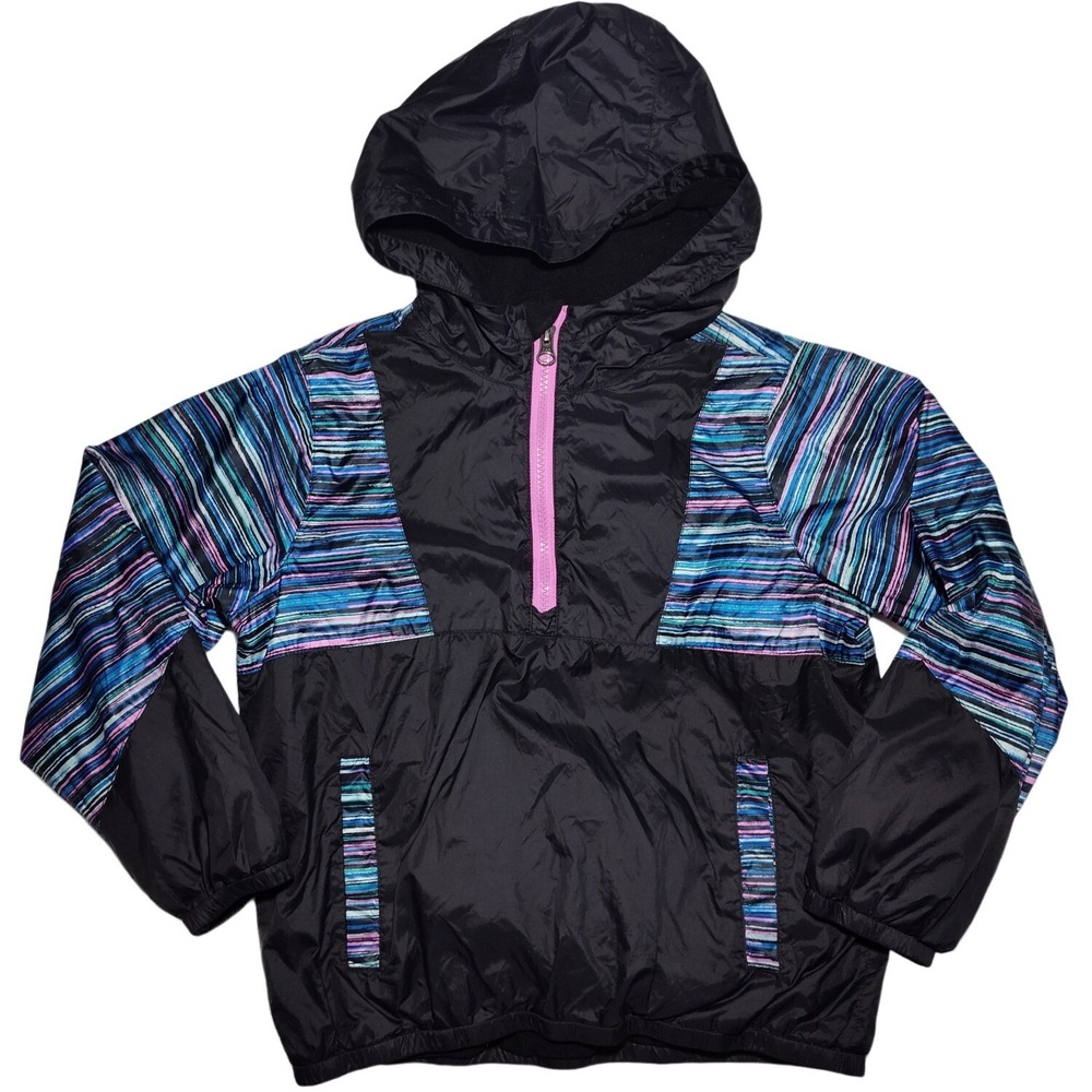 Land's End Hooded Girls‎ 7  Black Stripe Half Zip Jacket Lightweight Pullover